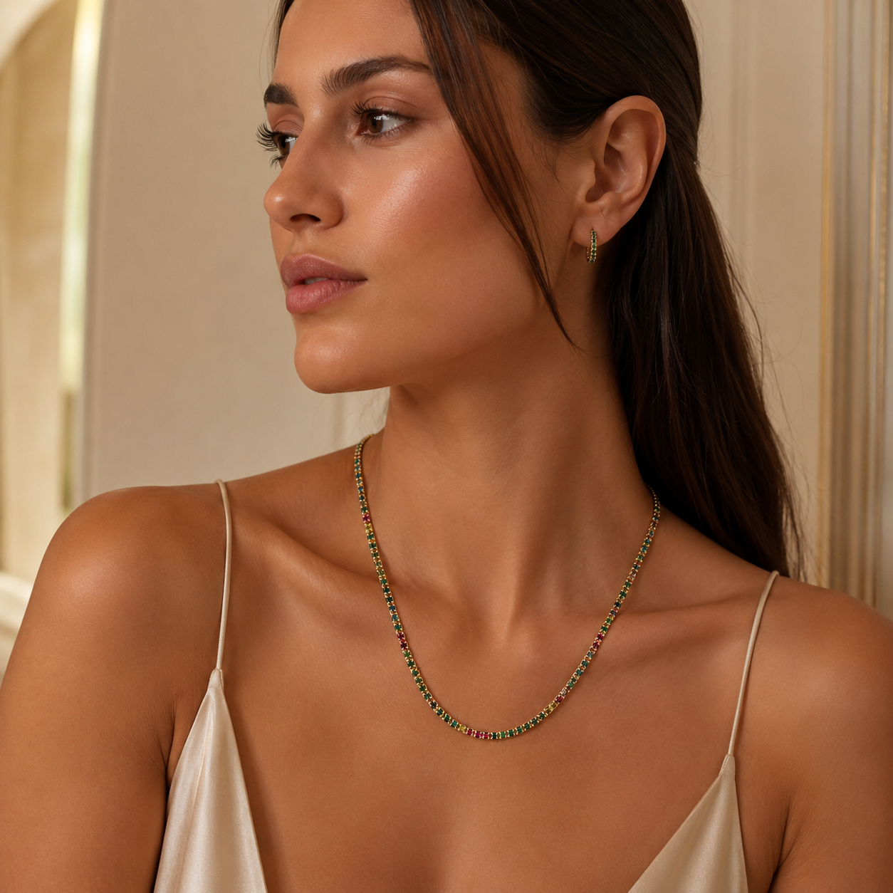 Semijoia Colar Riviera Color 50cm Banho Ouro 18K