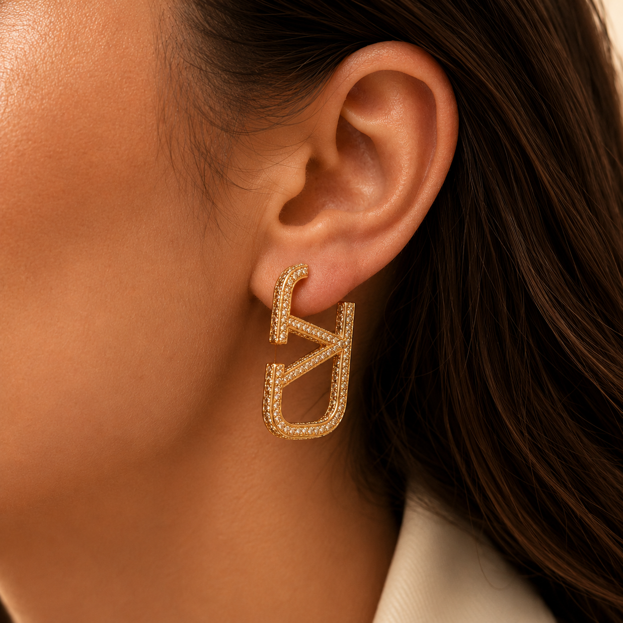 Semijoia Brinco Argola Retangular Cravejada Geometrica 35mm Banho Ouro 18K