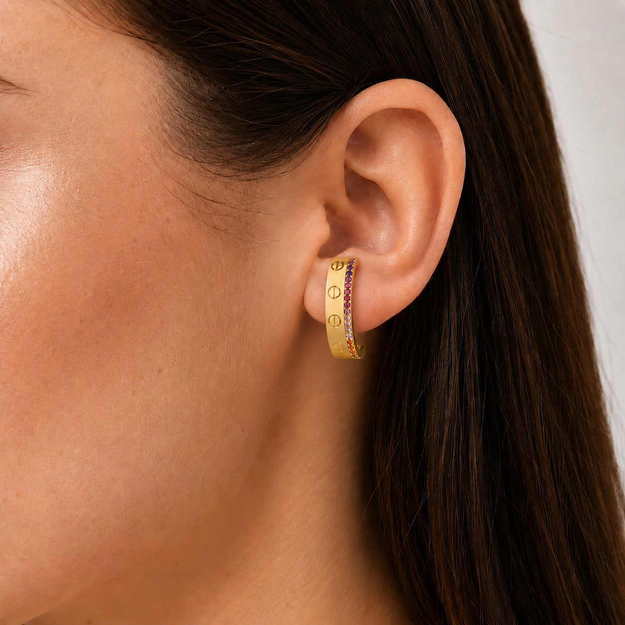 Semijoia Brinco Argola Com Zircônia Colorida 27mm Banho Ouro 18K