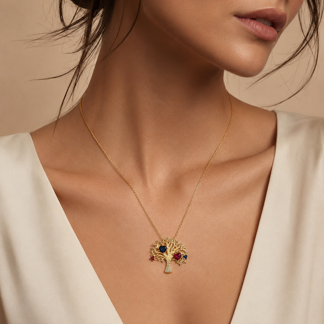 Semijoia Colar Árvore Da Vida Coraços Flores Cravejados 45cm Colar Banho Ouro 18K