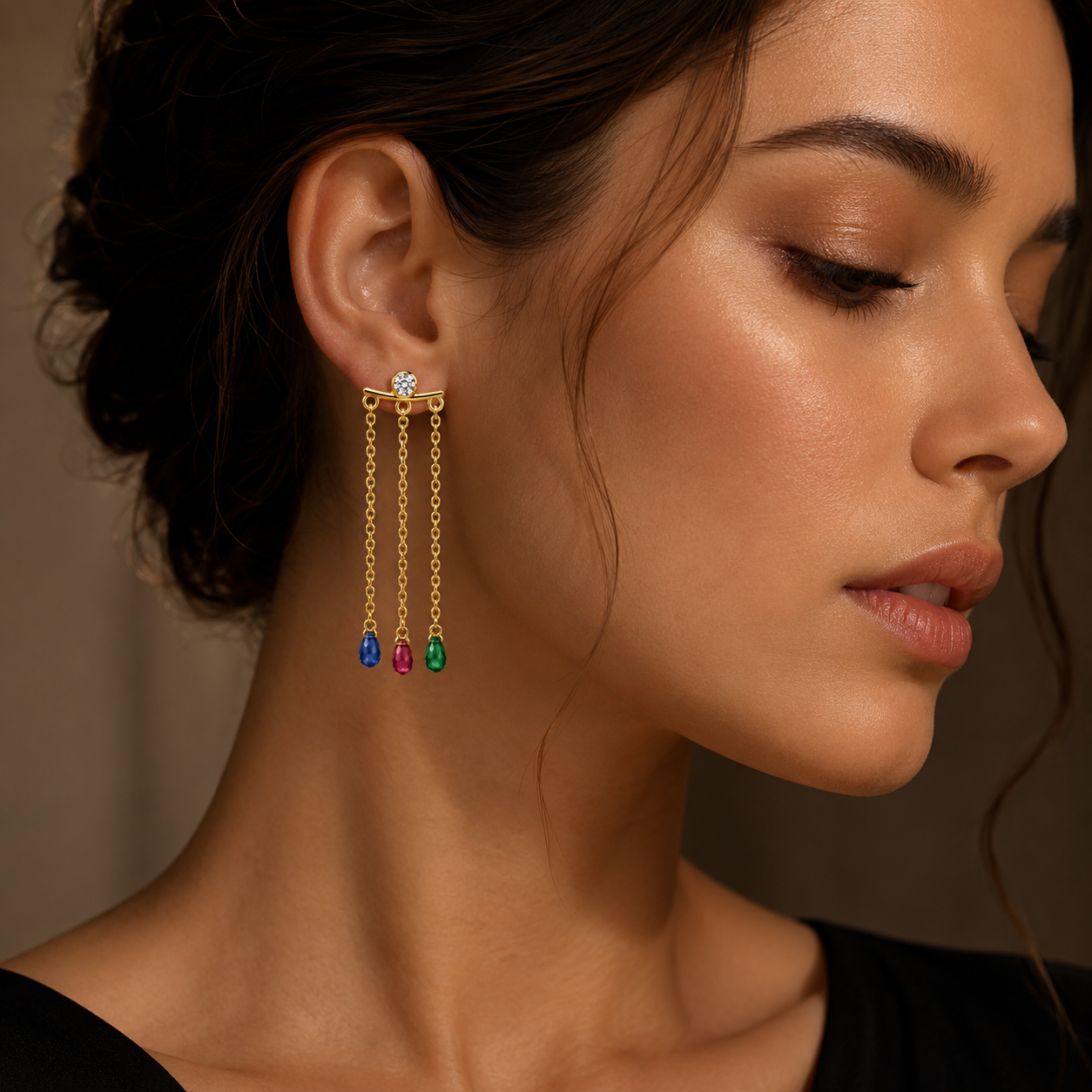Semijoia Brinco Franja Zircônia E Gotas Colors 55mm Banho Ouro 18K