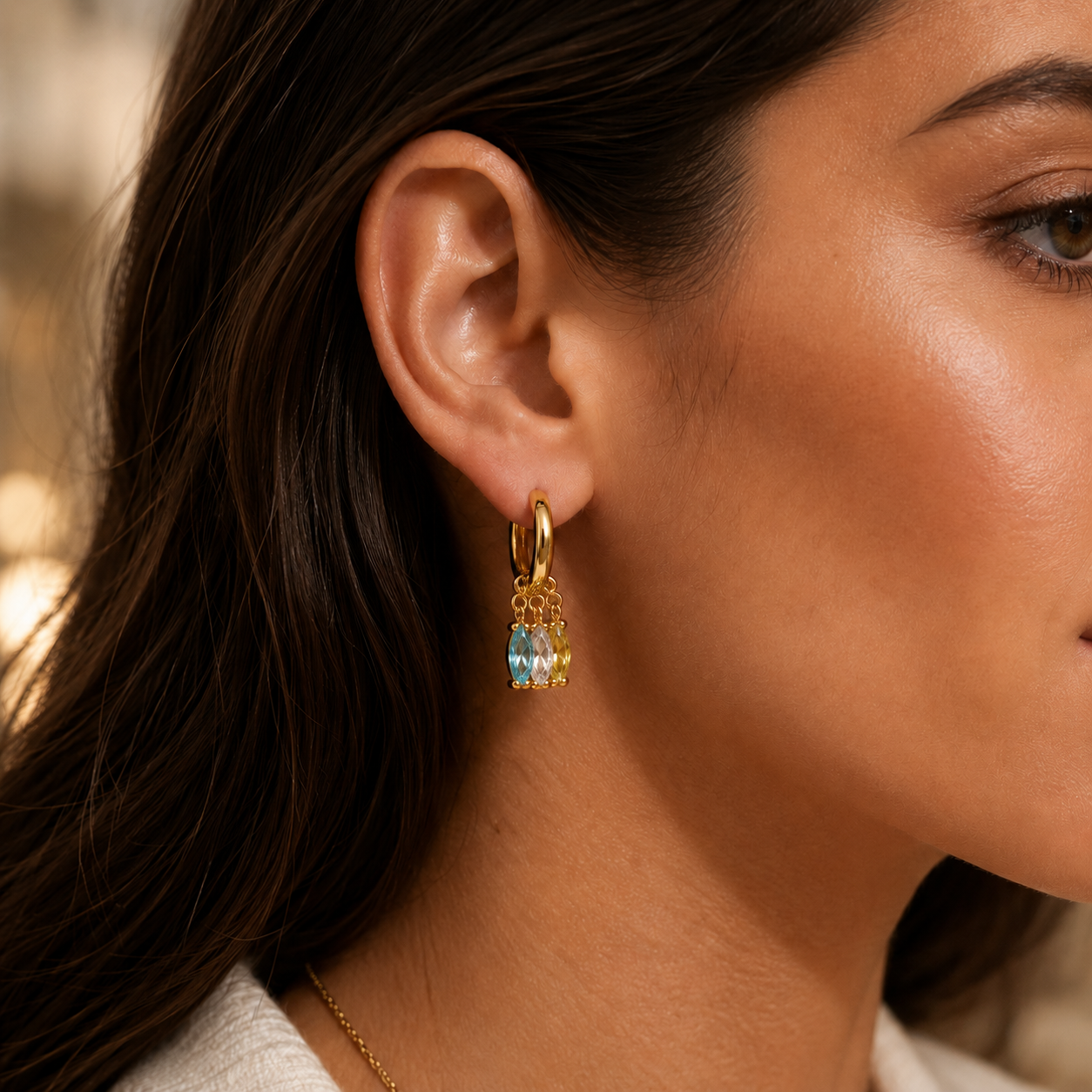 Semijoia Brinco Argola Navetes Acqua Cristal Amarelo 20mm Banho Ouro 18K