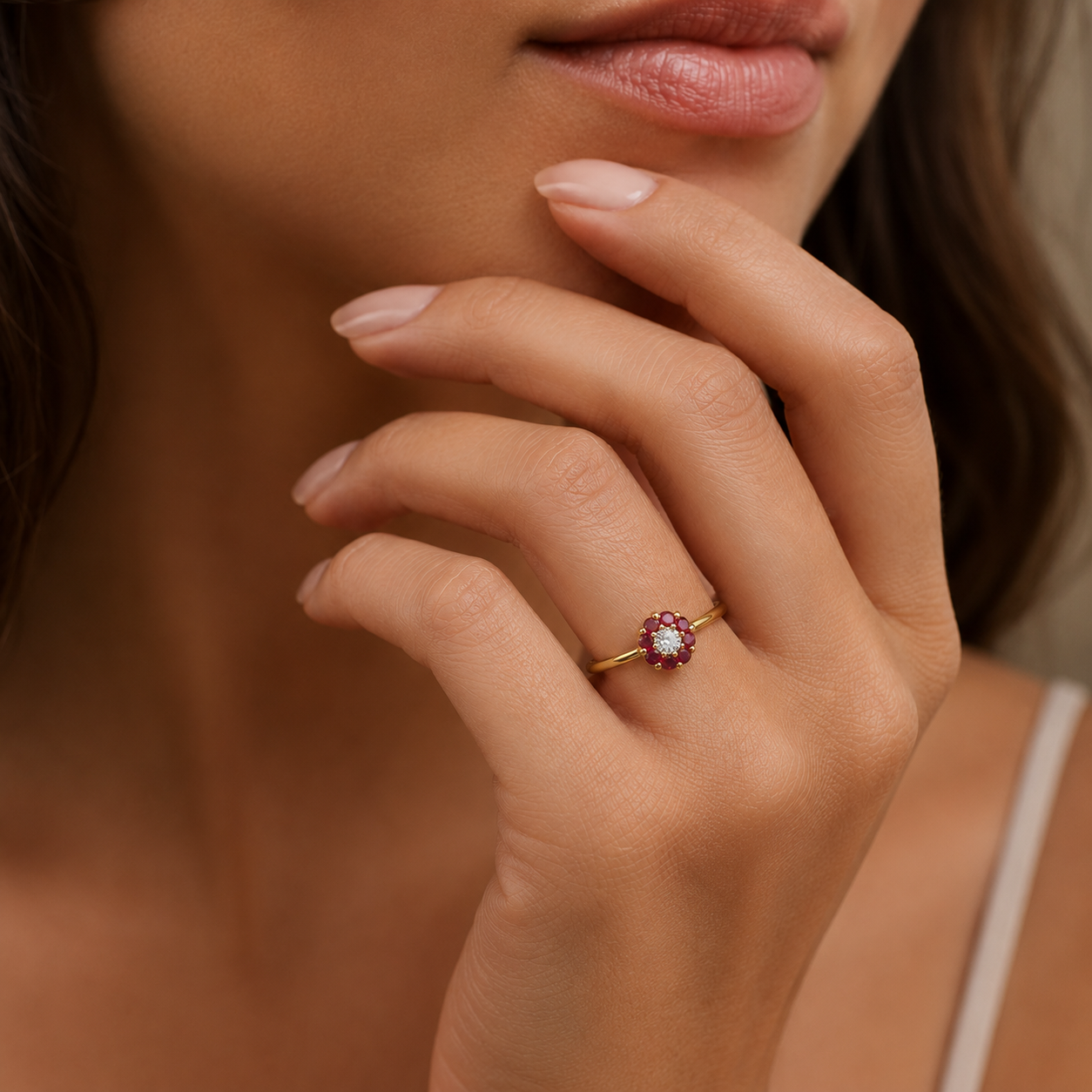Semijoia Anel Solitário Flor Zircônia E Rubis 5mm Aro 21 Banho Ouro 18K