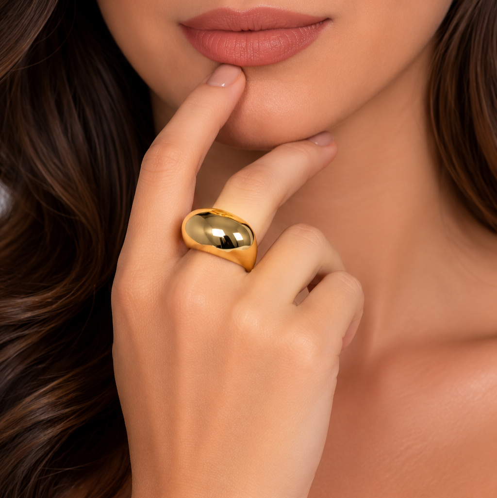 Semijoia Anel Ajustável Oval Grande 15mm Banho Ouro 18K