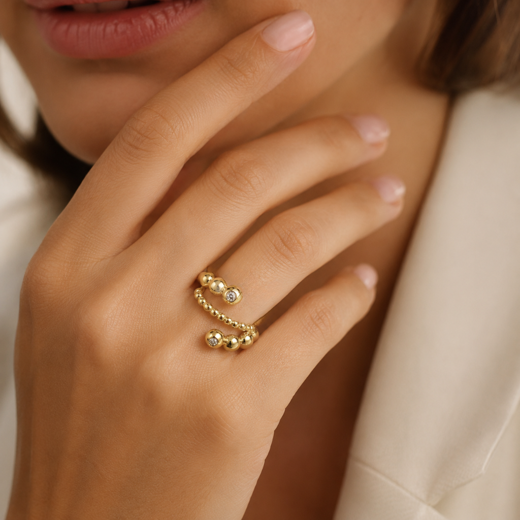 Semijoia Anel Ajustável Bolas Com Zircônias 20mm Banho Ouro 18K