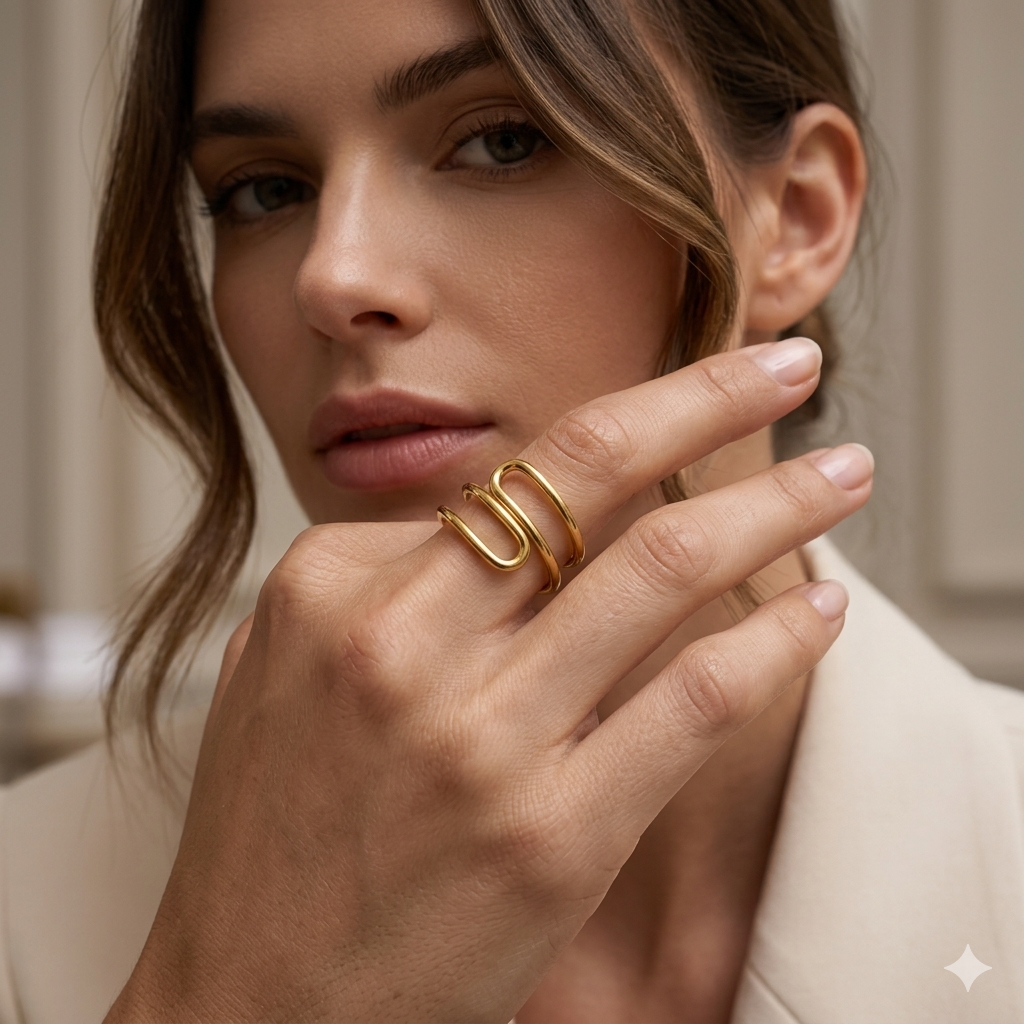 Semijoia Anel Ajustável Duplo 14mm Aro Banho Ouro 18K