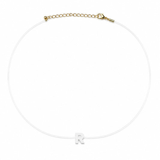 Semijoia Colar Choker Letra (R) Madrepérola Fio De Nylon 45cm Banho Ouro 18K