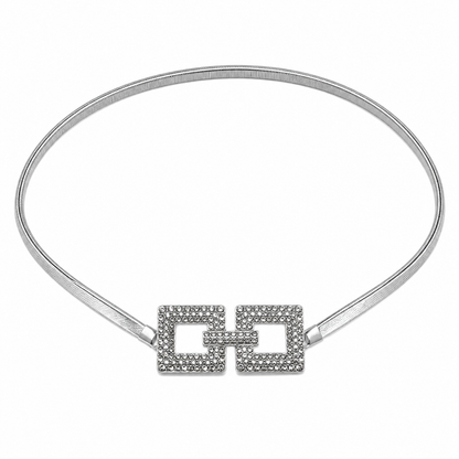 Cinto Feminino Metálico Elástico Fecho Quadrado Cravejado em Strass - Prata