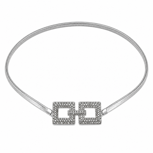 Cinto Feminino Metálico Elástico Fecho Quadrado Cravejado em Strass - Prata