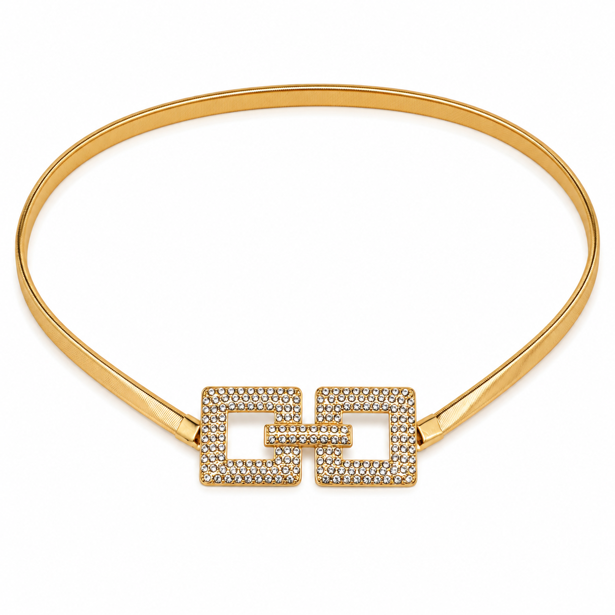 Cinto Feminino Metálico Elástico Fecho Quadrado Cravejado em Strass - Dourado