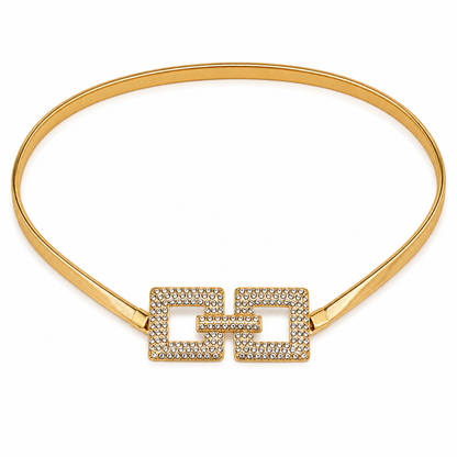 Cinto Feminino Metálico Elástico Fecho Quadrado Cravejado em Strass - Dourado