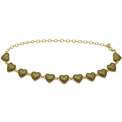 Cinto Feminino Corrente Metálico Corações Separados Craquelados - Dourado