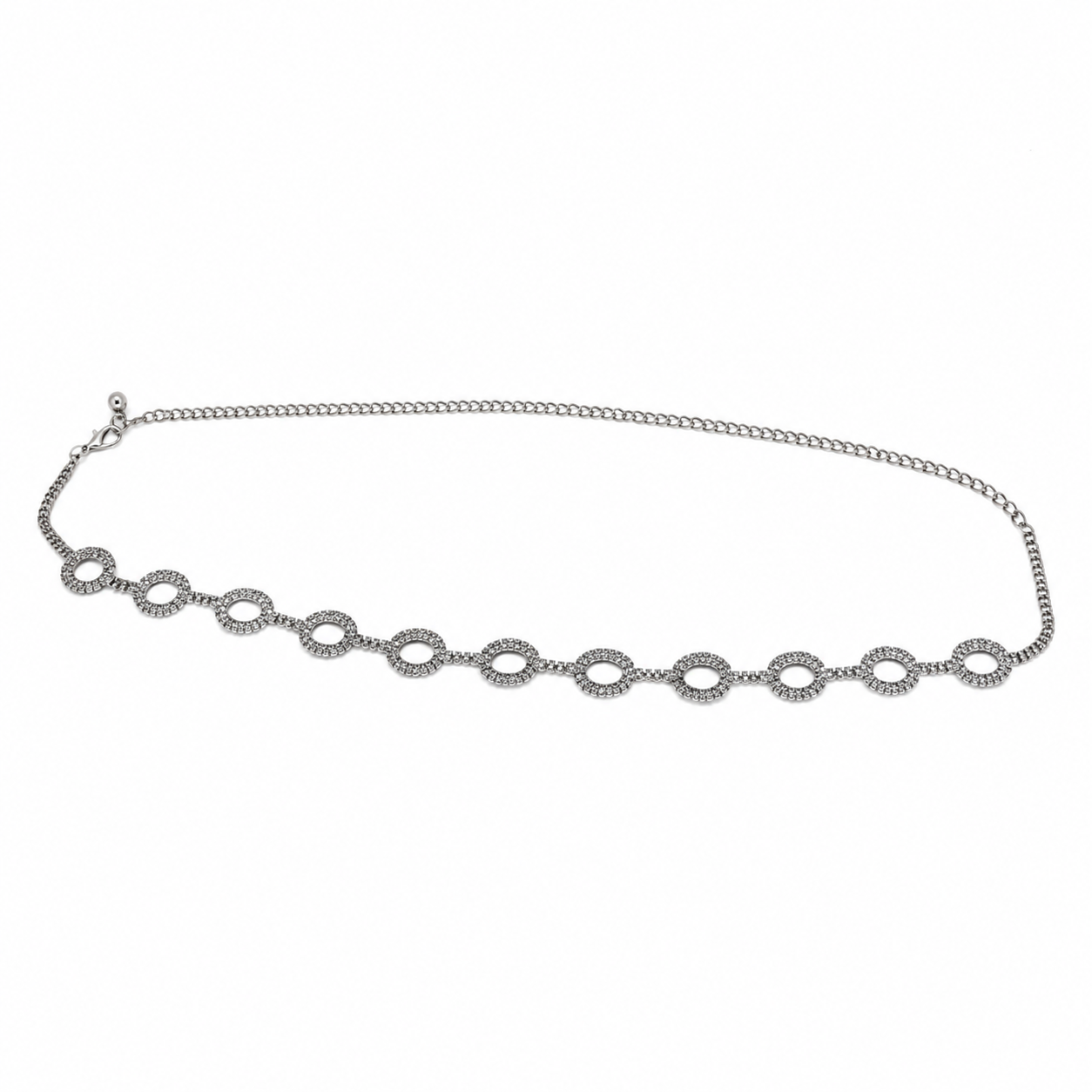 Cinto Feminino Corrente Metálico Círculos Cravejados - Prata