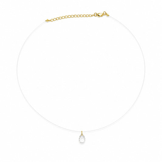 Semijoia Colar Choker Ponto De Luz Gota Fio De Nylon 38cm Banho Ouro 18K