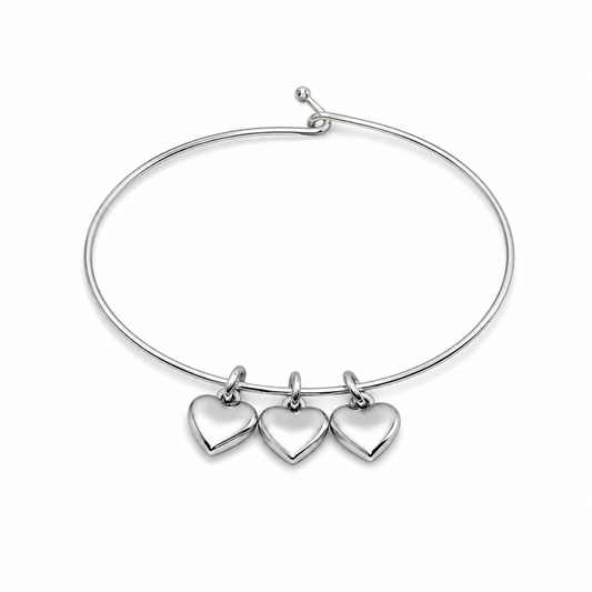 Semijoia Pulseira Bracelete Três Corações 63mm Banho Ródio
