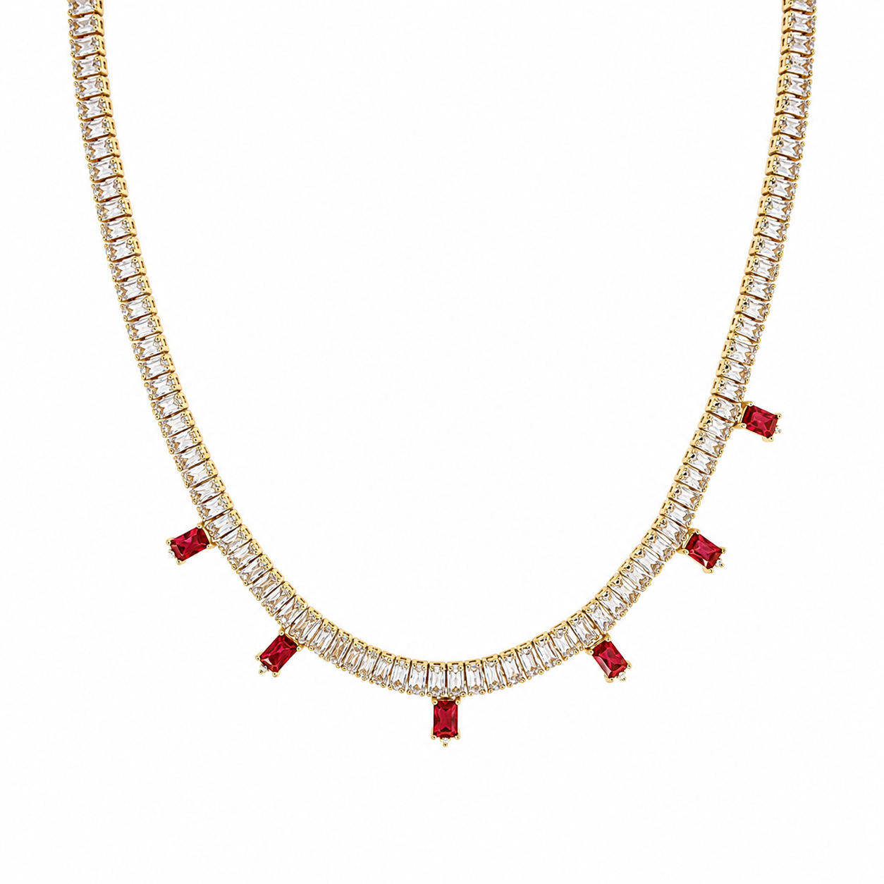 Semijoia Colar Riviera Baguete Pedras Pink 40cm Banho Ouro 18K