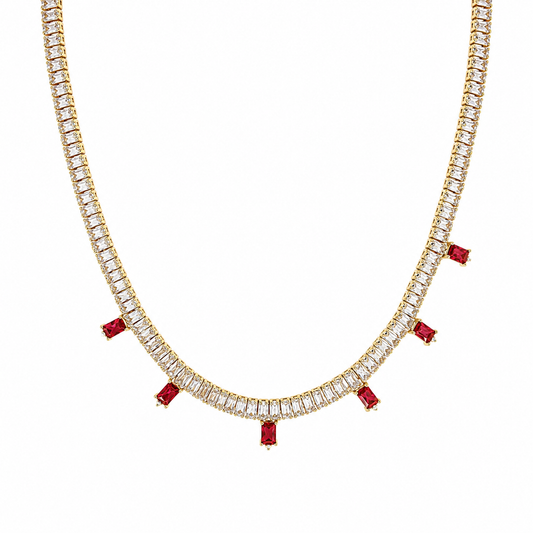 Semijoia Colar Riviera Baguete Pedras Pink 40cm Banho Ouro 18K