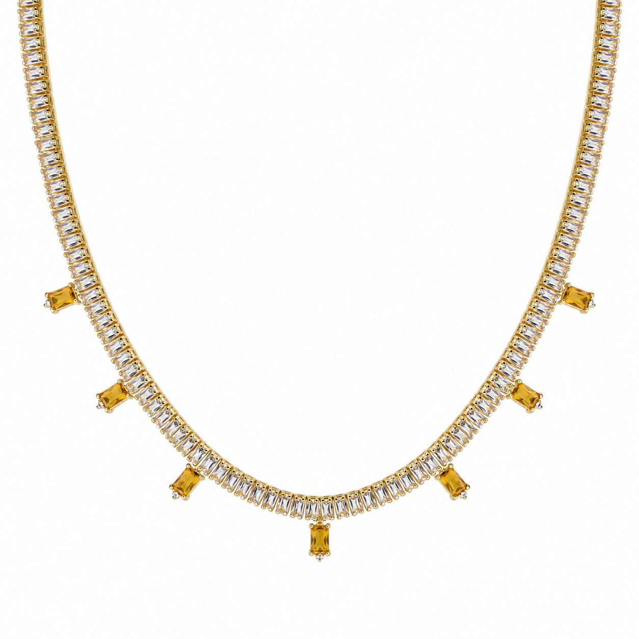 Semijoia Colar Riviera Baguete Pedras Yellow 40cm Banho Ouro 18K