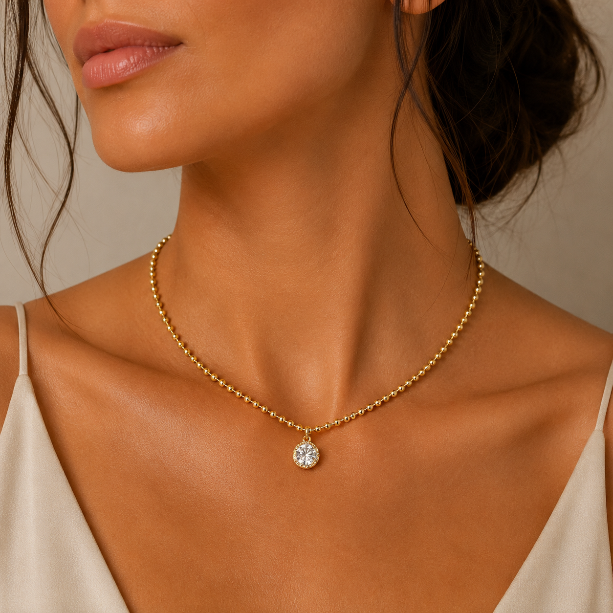 Semijoia Colar Bolinhas Pingente Cravejado 45cm Banho Ouro 18K