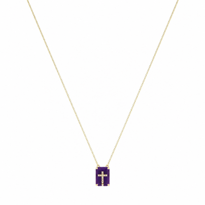 Semijoia Colar Escapulário Fusion Rosa E Tanzanita 40cm Banho Ouro 18K