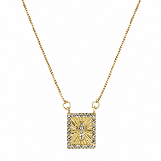 Semijoia Colar Escapulário Espírito Santo E Cruz Cravejado 32cm Banho Ouro 18K