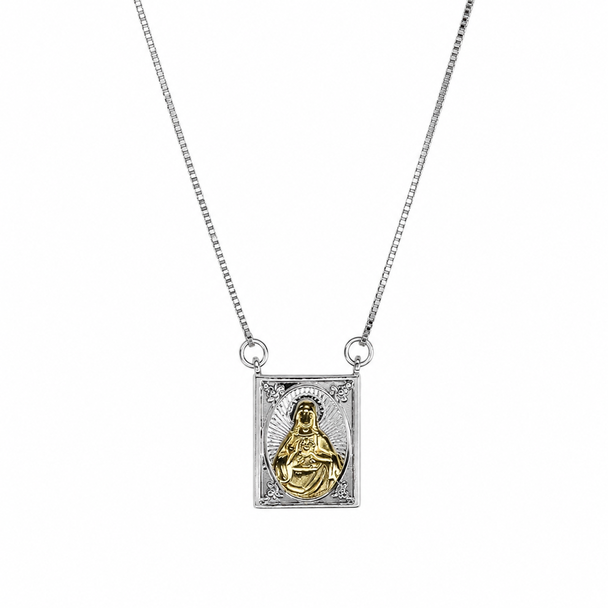 Semijoia Colar Escapulário N.S. Carmo E Sagrado Coração 17mm 38M Banho Ouro 18K E Banho Ródio