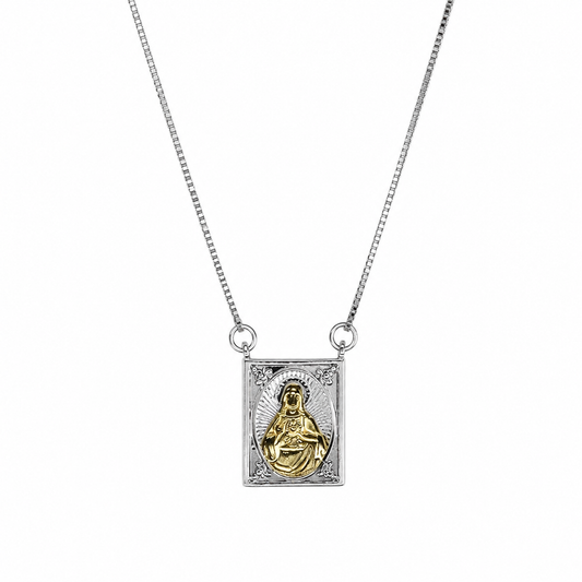 Semijoia Colar Escapulário N.S. Carmo E Sagrado Coração 17mm 38M Banho Ouro 18K E Banho Ródio
