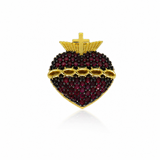 Semijoia Pingente Sagrado Coração Cravejado 21mm Banho Ouro 18K