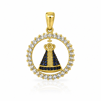 Semijoia Pingente N. Senhora Aparecida Oval Cravejada 21mm Banho Ouro 18K
