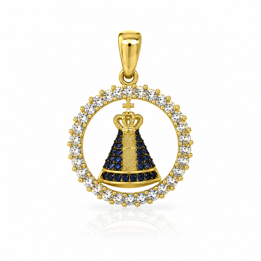 Semijoia Pingente N. Senhora Aparecida Oval Cravejada 21mm Banho Ouro 18K