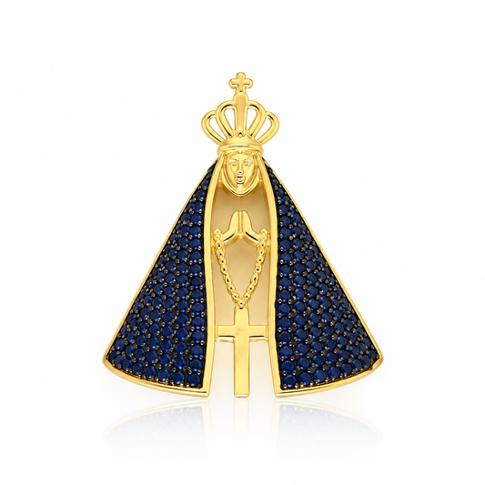 Semijoia Pingente N. Senhora Aparecida Gg Cravejado 34mm Banho Ouro 18K