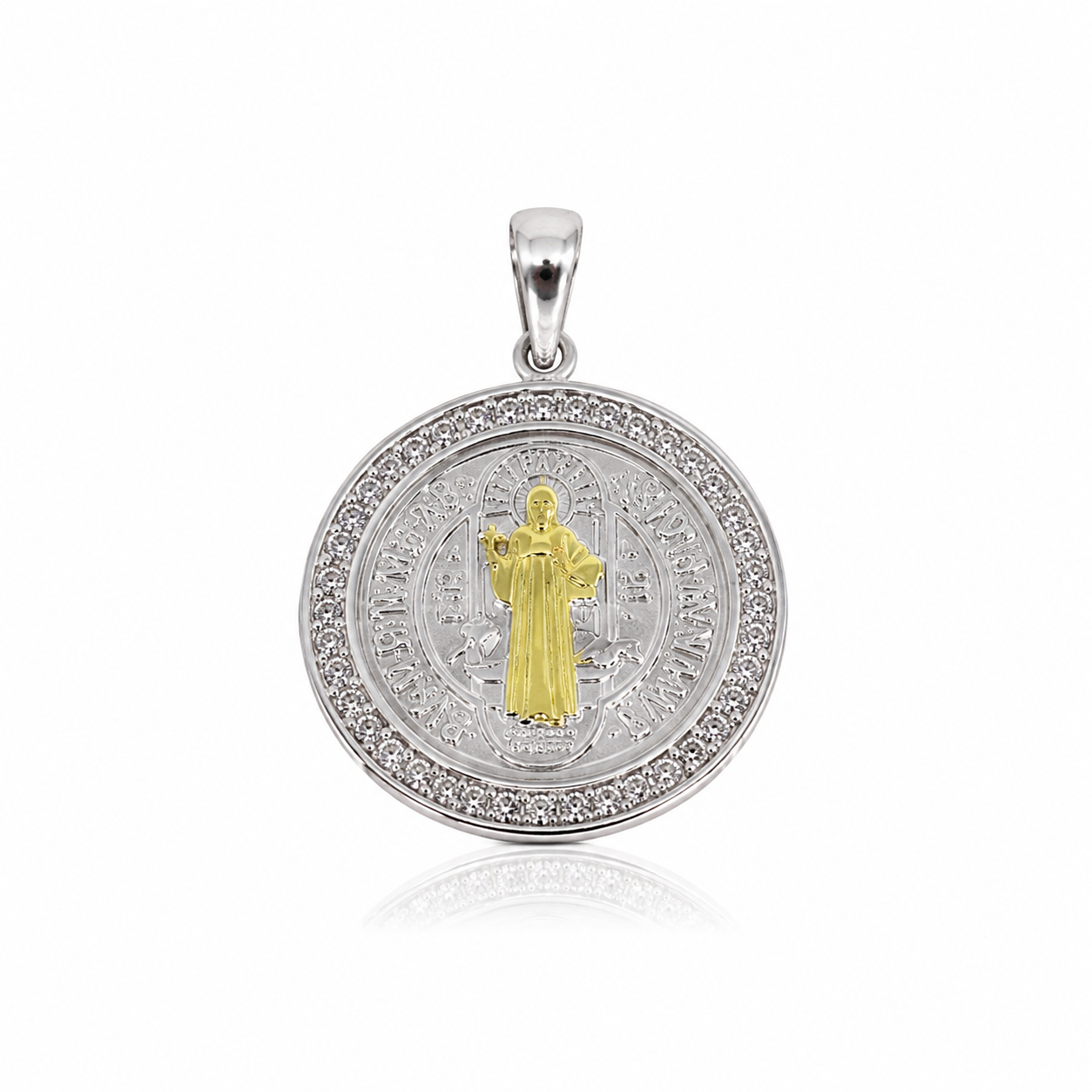 Semijoia Pingente São Bento Gg Cravejada 24mm Banho Ouro 18K Banho Ródio