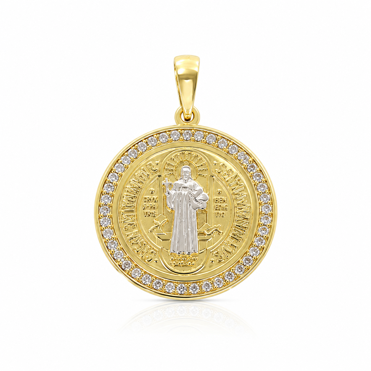 Semijoia Pingente São Bento Gg Cravejada 24mm Banho Ródio Banho Ouro 18K