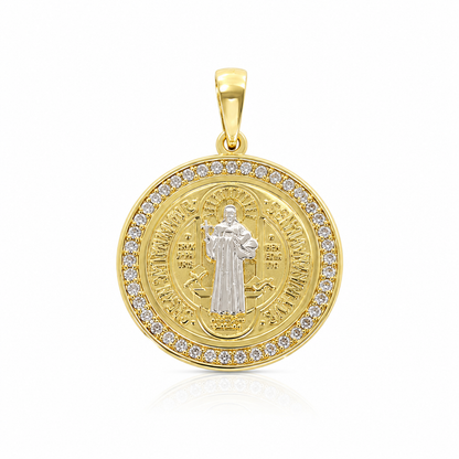 Semijoia Pingente São Bento Gg Cravejada 24mm Banho Ródio Banho Ouro 18K
