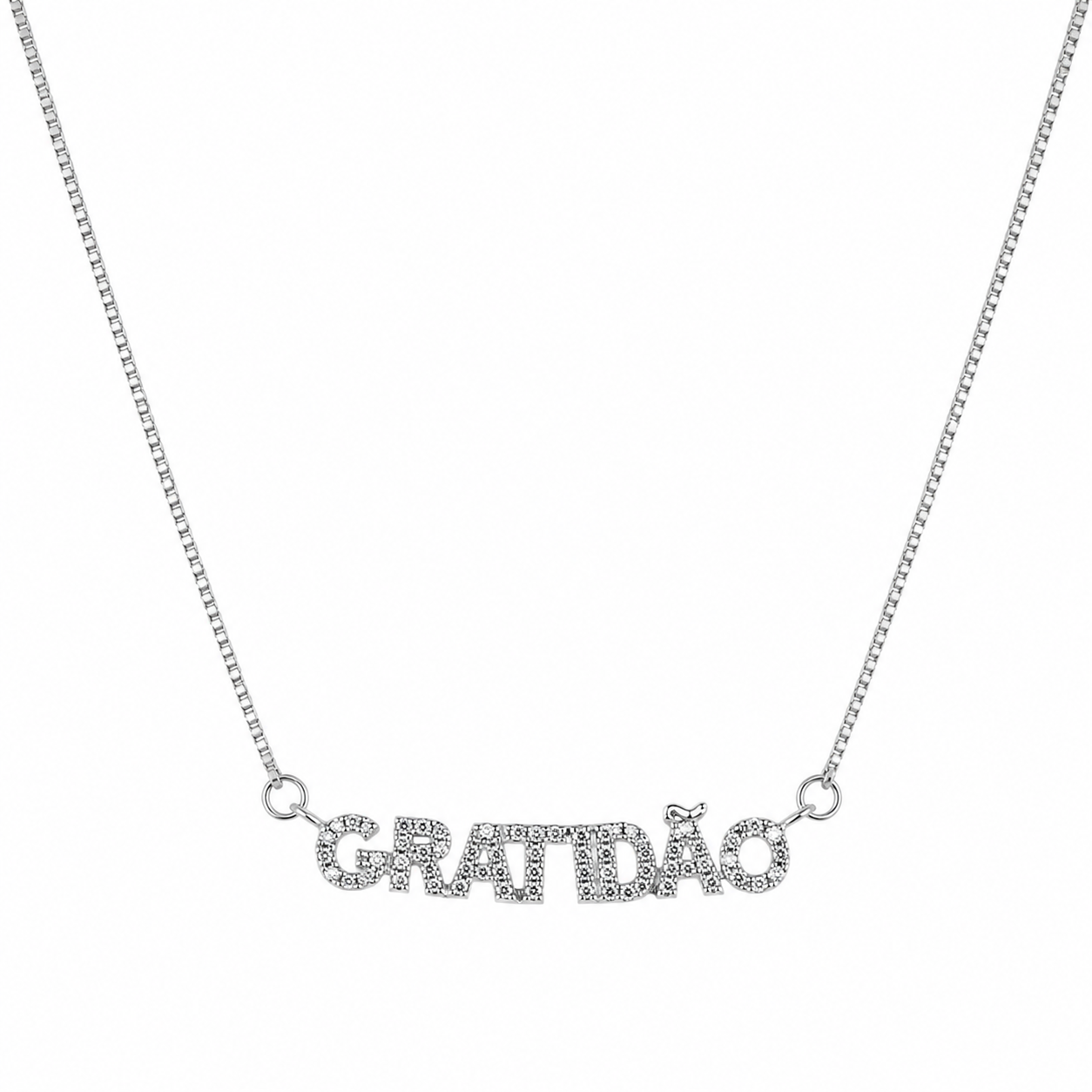 Semijoia Colar Gratidão Cravejado 48cm Banho Ródio