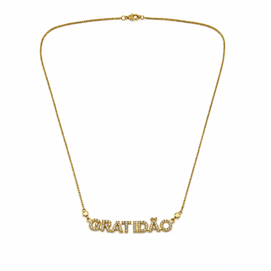 Semijoia Colar Gratidão Cravejado 48cm Banho Ouro 18K