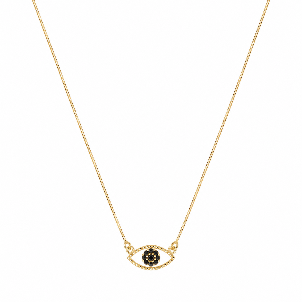 Semijoia Colar Escapulário Olho Grego E Mão De Fátima Cravejado 35cm Banho Ouro 18K