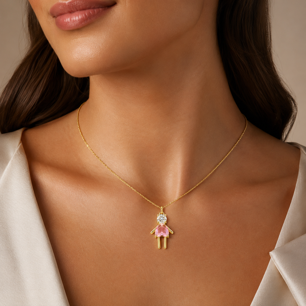 Semijoia Pingente Filho (A) Rosa Claro Com Zircônia 19mm Banho Ouro 18K