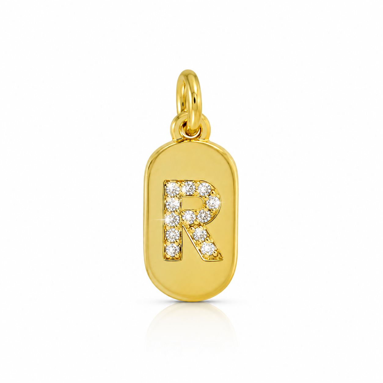 Semijoia Pingente Letra (R) Placa Cravejado 15mm Banho Ouro 18K