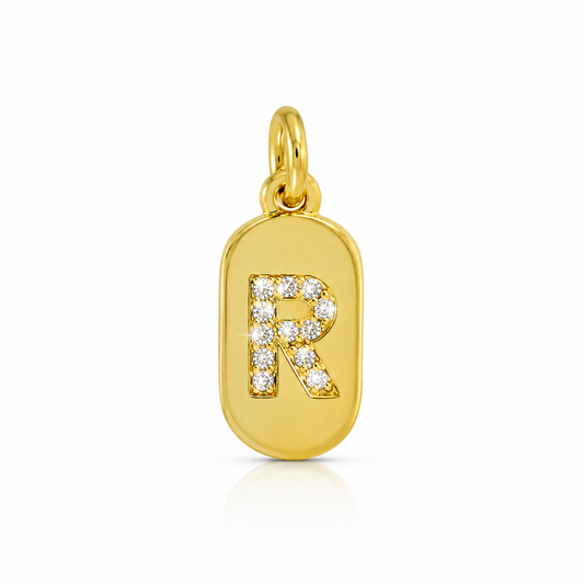 Semijoia Pingente Letra (R) Placa Cravejado 15mm Banho Ouro 18K