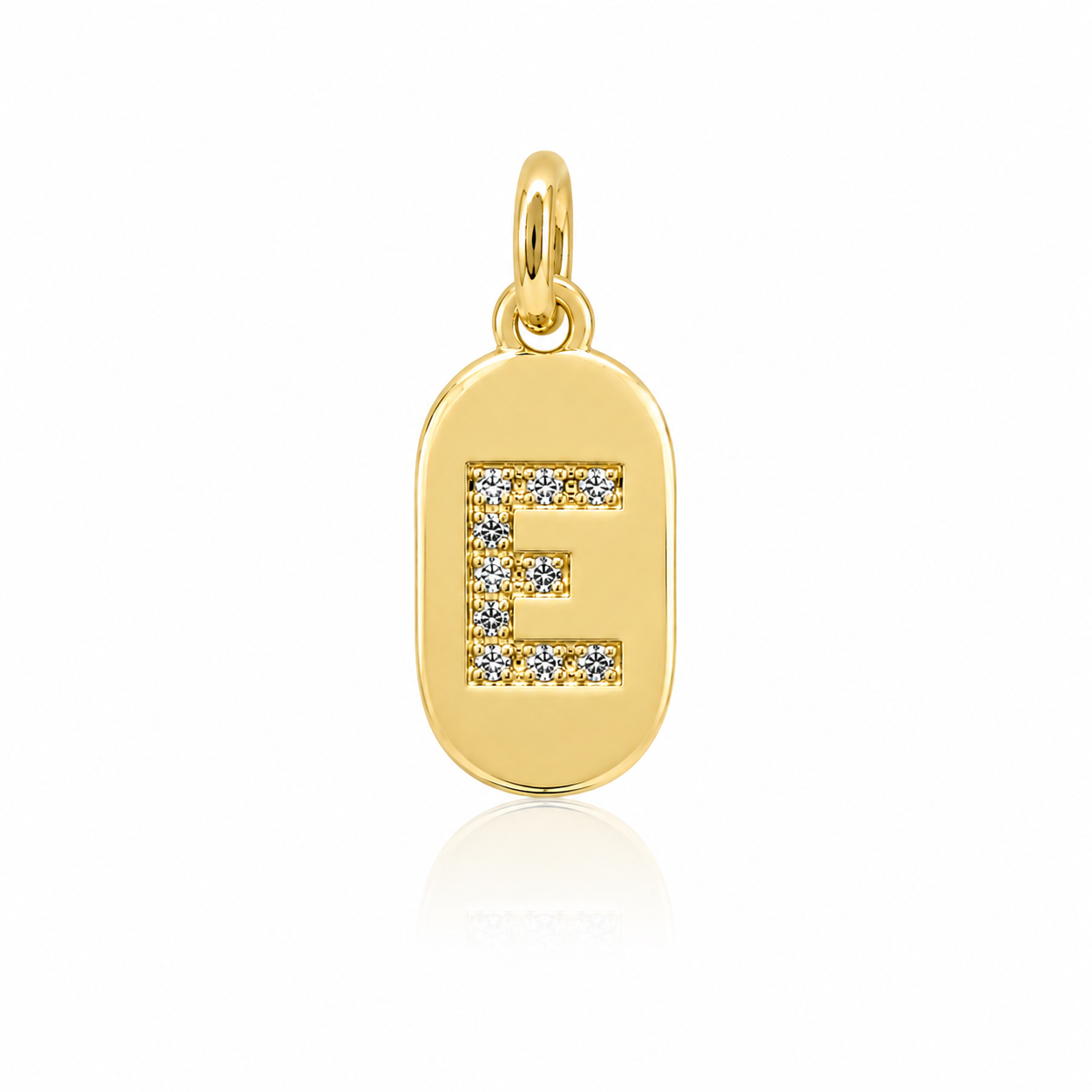 Semijoia Pingente Letra (E) Placa Cravejado 15mm Banho Ouro 18K