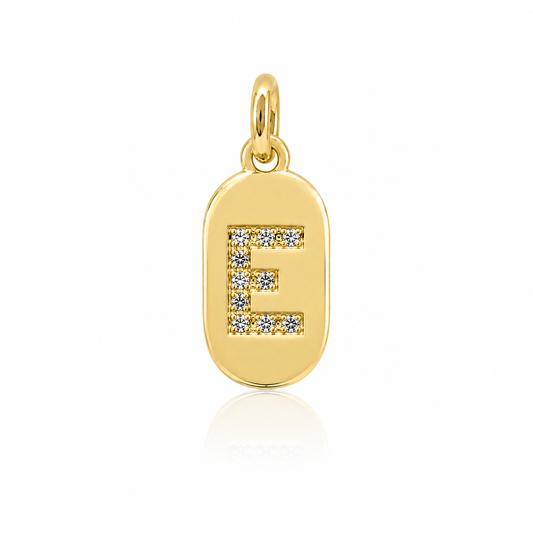 Semijoia Pingente Letra (E) Placa Cravejado 15mm Banho Ouro 18K