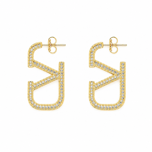 Semijoia Brinco Argola Retangular Cravejada Geometrica 35mm Banho Ouro 18K