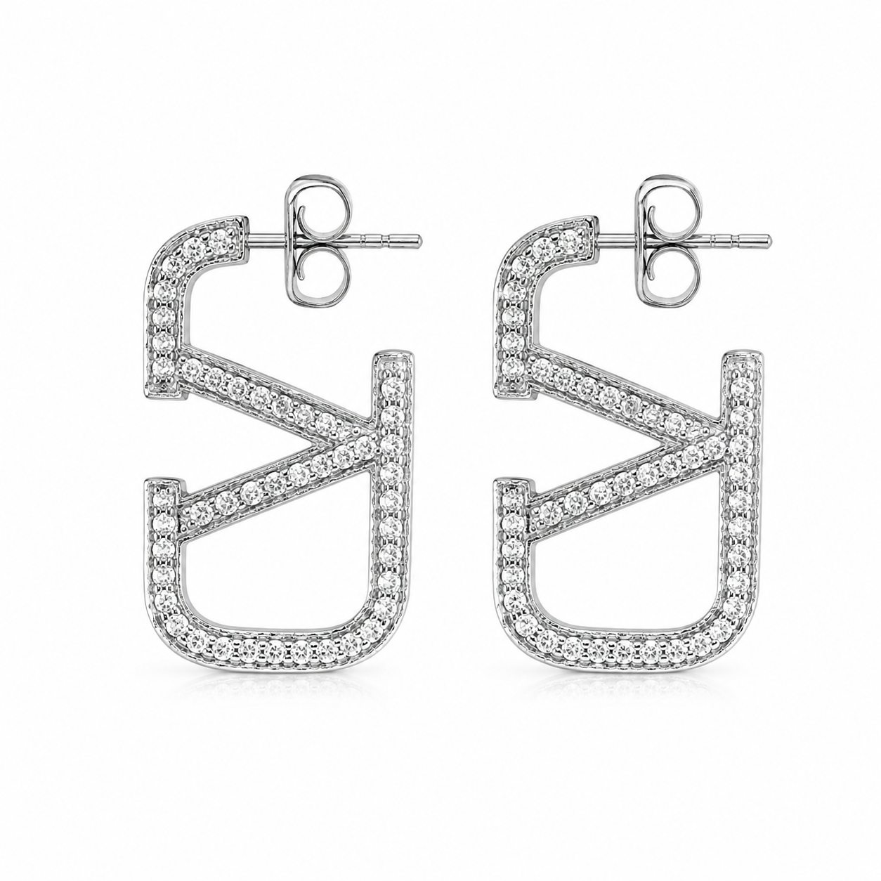 Semijoia Brinco Argola Retangular Cravejada Geometrica 35mm Banho Ródio