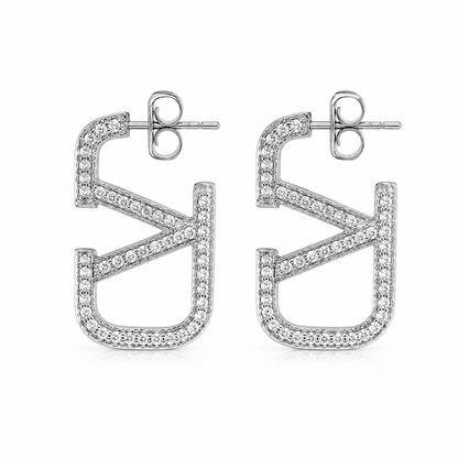 Semijoia Brinco Argola Retangular Cravejada Geometrica 35mm Banho Ródio