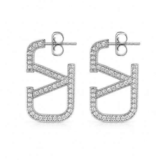 Semijoia Brinco Argola Retangular Cravejada Geometrica 35mm Banho Ródio
