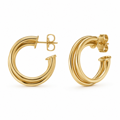 Semijoia Brinco Argola Tubo Triplo 2,5mm 25mm Banho Ouro 18K