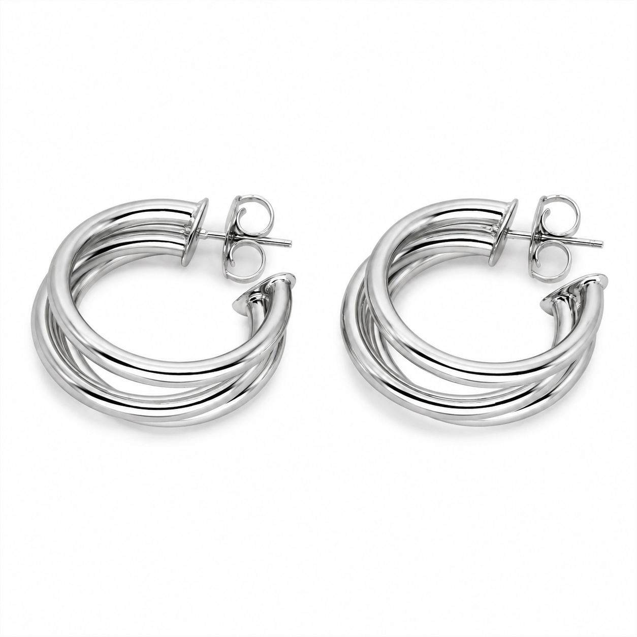 Semijoia Brinco Argola Tubo Triplo 2,5mm 25mm Banho Ródio