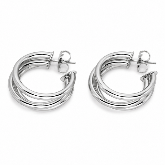 Semijoia Brinco Argola Tubo Triplo 2,5mm 25mm Banho Ródio
