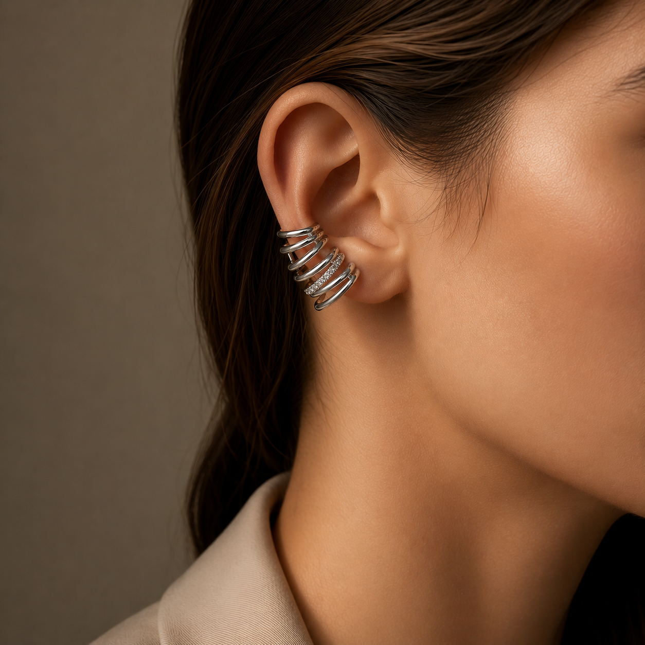 Semijoia Brinco Ear Cuff Grande Com Zircônia 35mm Banho Ródio